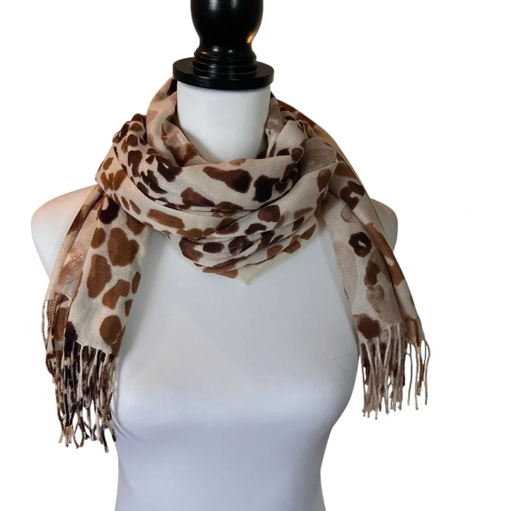 Leopard Print Fringe Scarf Wrap Shawl Neutral Tan Brown Animal Print